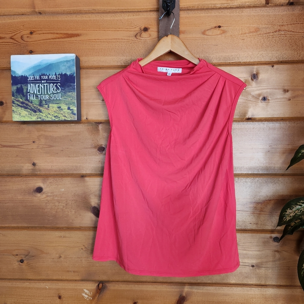 Trina Turk 💜 Cheery Pleated Drape Satin Top Stretch Pink Shirt Blouse Small
